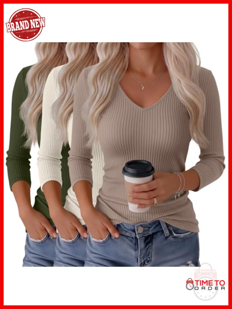 3/4 Sleeve V Neck Ribbed Cotton Slim Tops Casual Basic Layer Tees 3 Pack